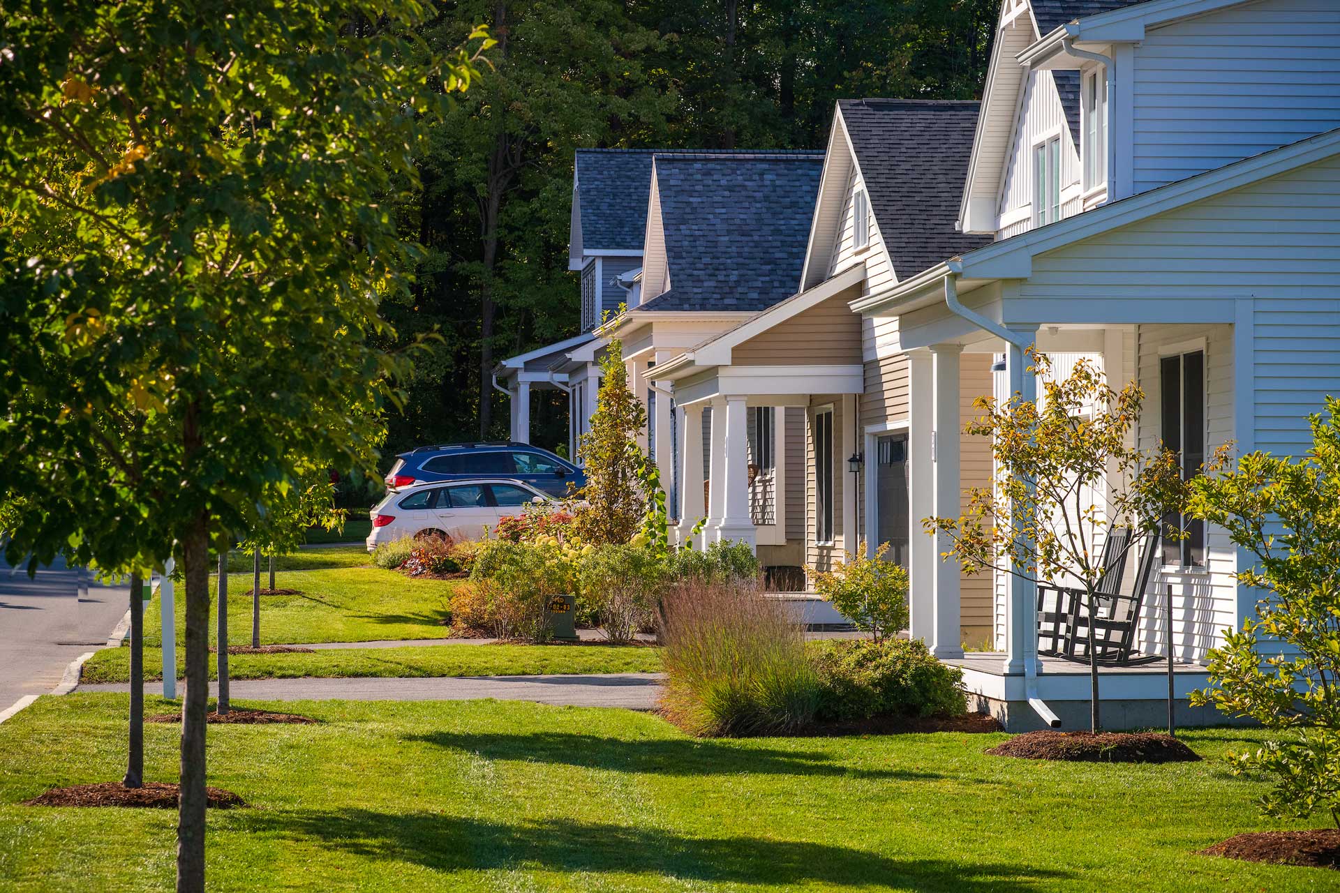 Row of front porches on a neighborhood street