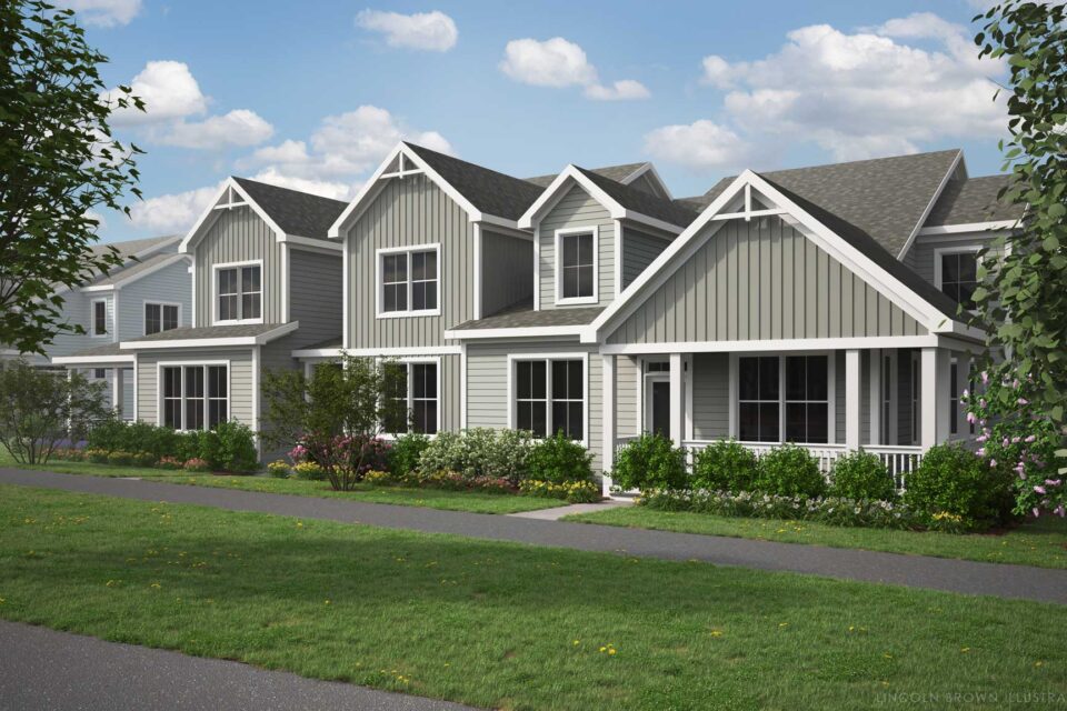 Rendering of Oak, Ash, and Willow townhome styles