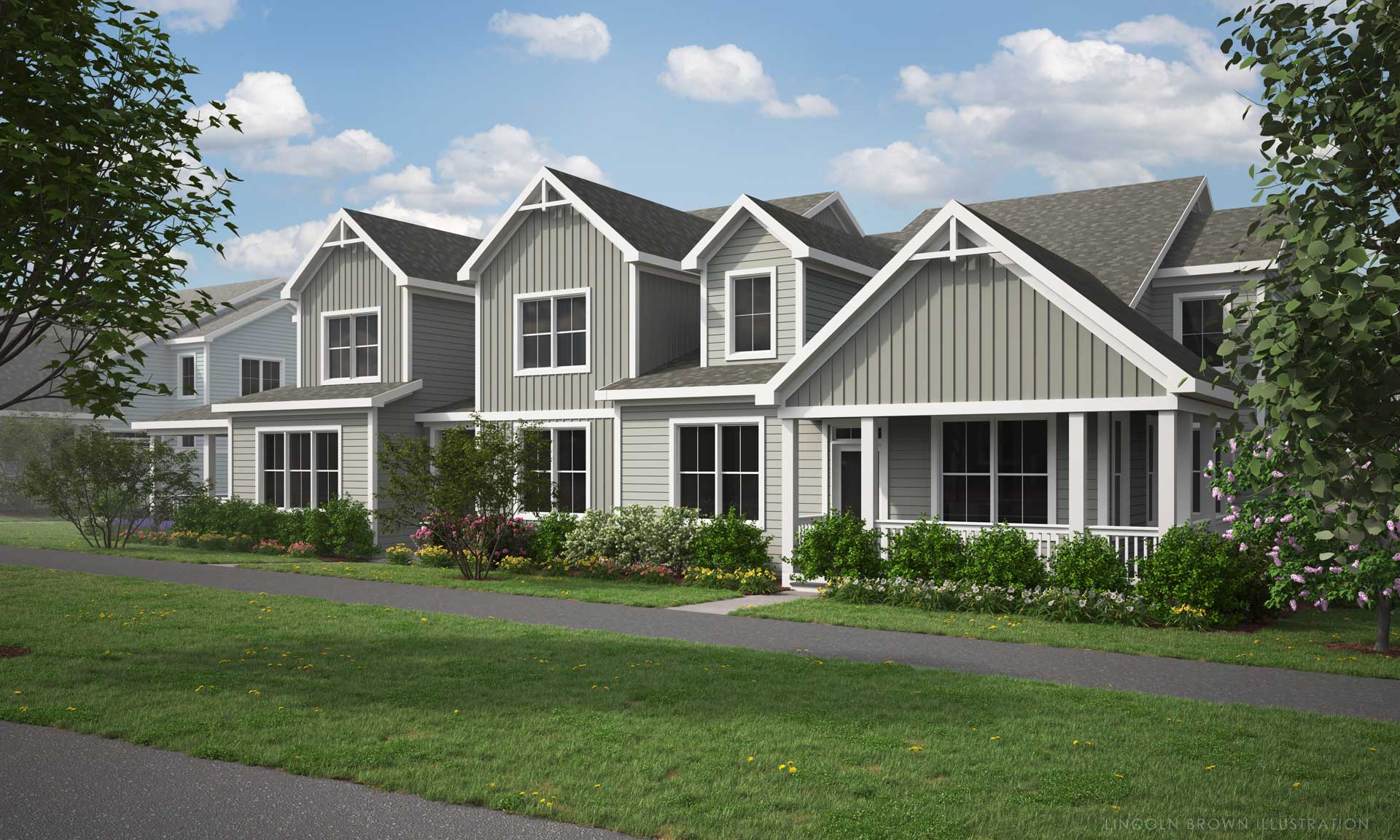 Rendering of Oak, Ash, and Willow townhome styles